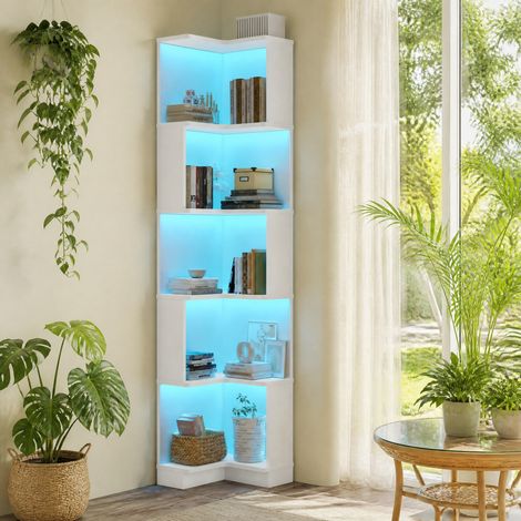63.5 x 45 x 175cm Eckbücherregal, Multifunktionsbücherregal, L-förmiges Bücherregal, LED-Farbwechsel-Lichtleiste, App-Steuerung, fünfschichtiger Stauraum, weiß (1/5)
