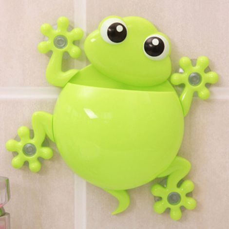 Cute Cartoon Frog Toothbrush Holder Adhesive Toothbrush Holder Bathroom Toothbrush Organizer (Green) (1/5)