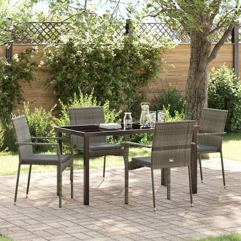 5-teiliges Garten-Esstisch-Set mit Kissen Grau Poly Rattan vidaXL780241 (1/5)