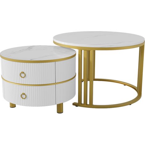 Table basse ronde 2-en-1 en MDF avec plateau brillant et marbre blanc, 70x70x46 + 50x50x40 cm, 2 tiroirs (1/5)