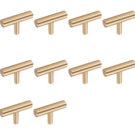 Set mit 10 Möbelgriffen aus gebürstetem Messing, goldene Schubladenknöpfe für Schränke, Kommoden, Badezimmer und Küche, 50 x 35 mm (T-förmig)