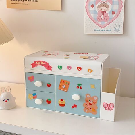 BUNTHAUS Organisateur de bureau mignon Rangement de papeterie avec tiroirs et autocollants, Organisateur de soins de la peau anti-poussière Boîte de rangement en plastique pour école de bureau(bleu) (1/5)