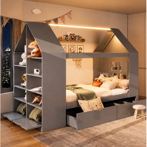 Lit enfant 90 x 200 cm design maison avec LED, rangements et 2 tiroirs, bois et MDF gris REDOM (1/5)