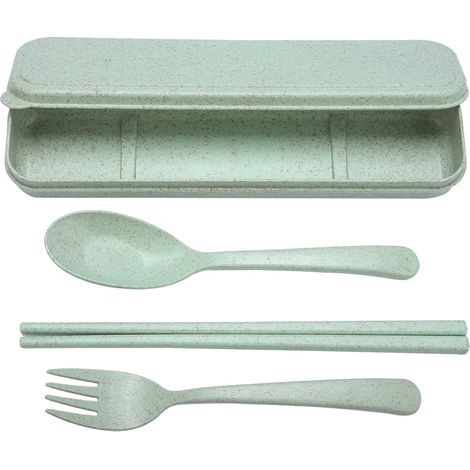 3-teiliges Reisebesteck-Set aus Weizenstroh: Löffel, Essstäbchen, Gabel mit praktischem grünen Etui (1/5)