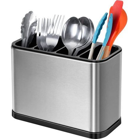 Égouttoir à couverts, porte-ustensiles cuisine acier inoxydable, 4 compartiments, organisation plan travail. (1/5)