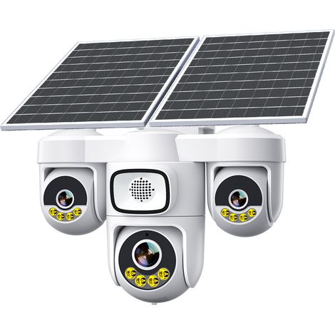 Caméra de surveillance solaire WiFi AOV extérieure sans fil, 3 objectifs panoramiques 360°, vision nocturne HD, batterie 16 000 mAh, enregistrement local jusqu’à 15 jours, sans câble électrique ni car (1/4)