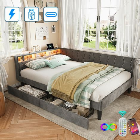 Cama doble de 140x200 cm con 2 cajones, cabecero con LED, almacenaje integrado, carga USB + Tipo C, diseño convertible en 2 formas, tapizado en terciopelo - Gris