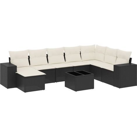 Salon de jardin 9 pcs avec coussins noir résine tressée (1/5)