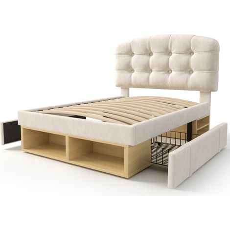 Einzelbett 90x200 cm aus beigem Samt mit Lattenrost, verstellbarem Kopfteil und Stauraum, HOMVRA (1/5)