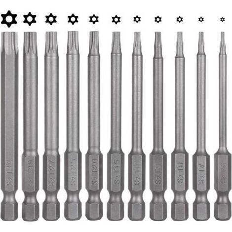 Lot de 11 embouts de tournevis Torx - 75 mm - En acier S2 - Magnétique - 6 pans - T6 T7 T8 T9 T10 T15 T20 T25 T27 T30 T40 - Embouts Torx électriques pour vis profilées en T (1/4)