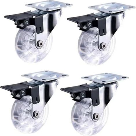 Set mit 4 transparenten Rollen mit Bremsen für Sofamöbel, 2 flache Rollen mit Bremsen für Kleiderschrank und Sessel.