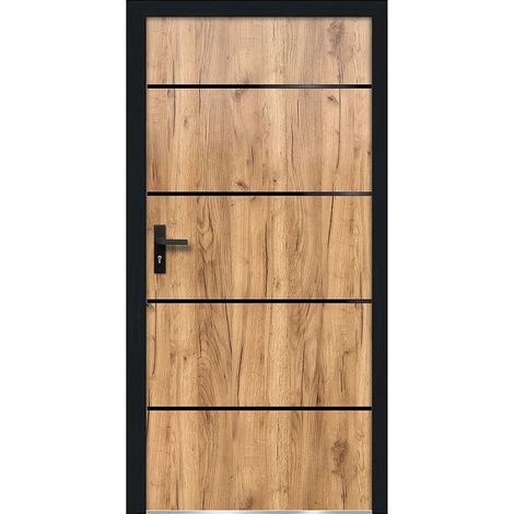 Porte d'entrée en acier pleine et inox H208.5 x L105 cm effet chêne - épaisseur 90 mm - poussant droit - NAXARA (1/4)