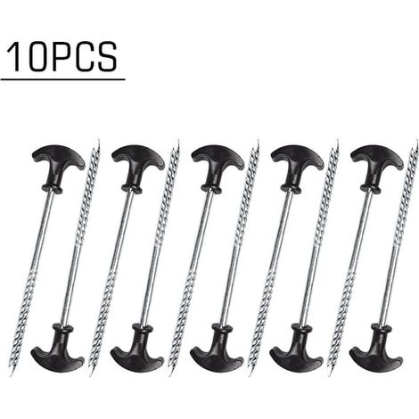 Lot de 10 piquets de tente avec vis, 20 cm, en acier, pour auvent robuste, avec coussinets anti-humidité et clous. Accessoires de camping et de randonnée. (1/4)