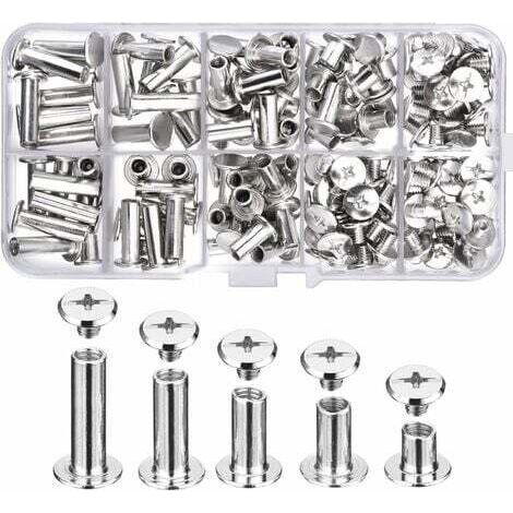 80 Ensemble Chicago Vis Assortiment Kit 5 Tailles Vis à Tête Croix Ronde en Métal Post Chicago Vis Bouton pour DIY Reliure de Décoration en Cuir (1/5)