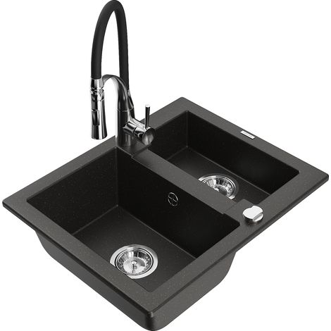 Mexen Carlos fregadero de granito de 1,5 senos con grifo de cocina Aster, negro/dorado metálico - 6518-75-73450-07 (1/5)