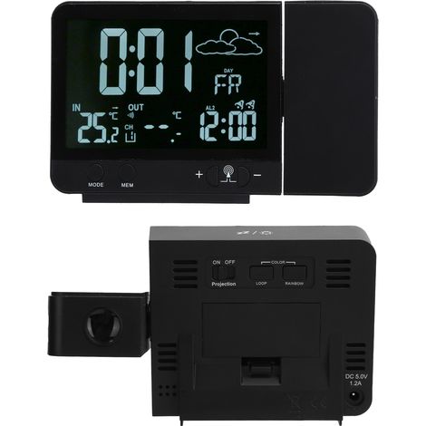 Réveil Projection avec Thermomètre Intérieur Extérieur, Hygromètre, Alarme Sans Fil, 230V UE