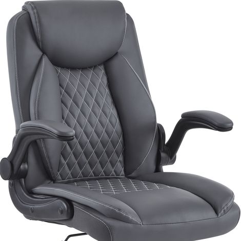 Sedia da ufficio ergonomica grigia in pelle con schienale alto, braccioli ribaltabili e ruote (1/5)