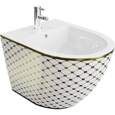 LAVITA Universal Wand-Bidet Sofi Checked Gold mit Hahnloch und Überlaufschutz aus Keramik (1/4)