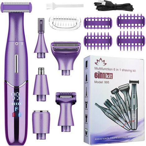 Rasoir électrique femme 6-en-1, tondeuse bikini et ladyshave étanche IPX5, sans fil, pour visage, aisselles, jambes et sourcils, rose (1/5)