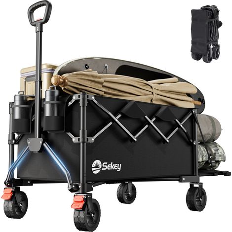 Sekey Faltbarer Bollerwagen mit erweiterbarer Heckklappe – 175L/250L, 120kg Tragkraft, Schwarz