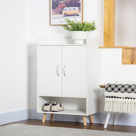 Meuble à chaussures gain de place en bois blanc avec étagère ouverte. Meuble à chaussures design pour entrée. 60 x 30 x 92 cm.