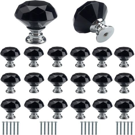 Lot de 20 poignées de porte en verre cristal noir avec vis 30 mm Poignée de porte haut de gamme légère de luxe Poignée de tiroir Trou unique Décoration d'intérieur (1/5)