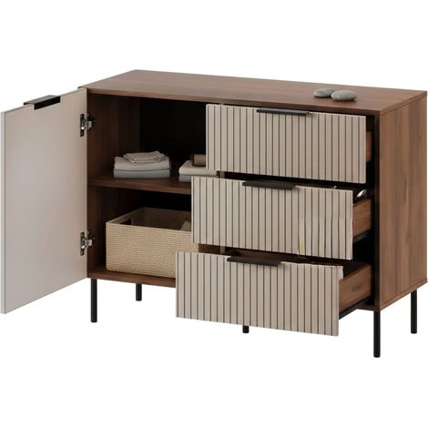 Credenza Grado, Madia da salotto con un'anta battente e tre cassetti, Rialzato da terra, 104x42 h75 cm, Noce e Beige