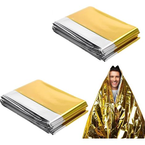 2 Pièces Couvertures Thermiques de La Survie Extérieure, Réutilisable Extra Large, Couverture Isolante Isothermique Or Argenté (210×160cm)(sans sifflet) (1/5)