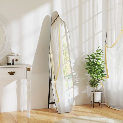 Miroir debout corps 40x4x160 cm Noir entier sans cadre de forme irrégulière avec support et argent (1/4)