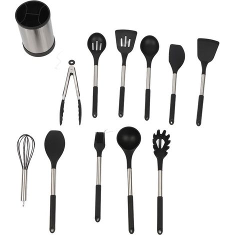UlisemLot de 12 ustensiles de cuisine en silicone avec poignée, résistants à la chaleur, antiadhésifs, spatule, cuillère, passe au lave-vaisselle, meilleurs outils de cuisine (noir) (1/4)