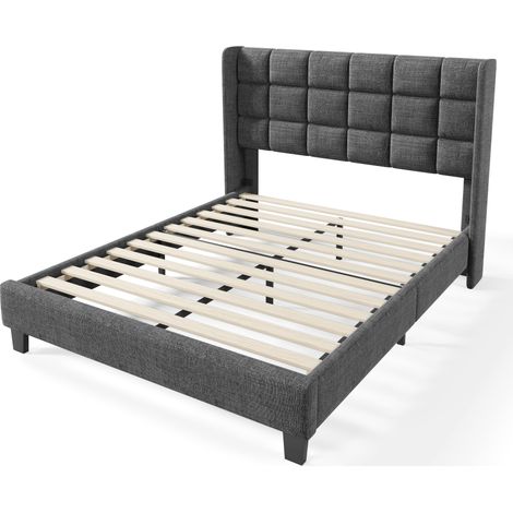 Cama tapizada de lino gris, 140x200 cm, con somier tapizado, firmeza media, apta para adultos y adolescentes (colchón no incluido) (1/5)
