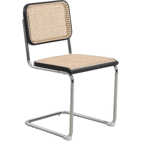 Silla retro con patas metálicas, madera oscura y caña natural (1/5)
