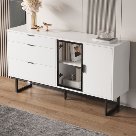 Buffet blanc moderne de luxe, vitrine et armoire de rangement pour salle à manger, 3 tiroirs, portes vitrées avec bande lumineuse LED intégrée. (1/5)