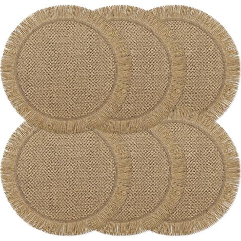 Lot de 6 sets de table ronds bohème 38 cm, tressés, résistants, marron. (1/5)