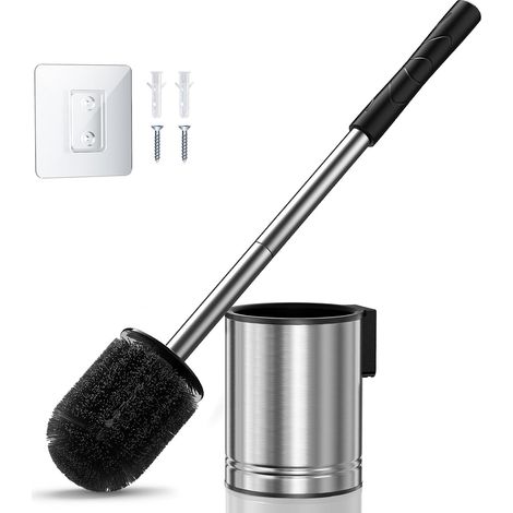 Brosse WC murale: brosse WC en acier inoxydable avec égouttoir à séchage rapide, tête de brosse ronde pour un nettoyage complet, avec long manche et protection anti-éclaboussures pour petites (1/5)
