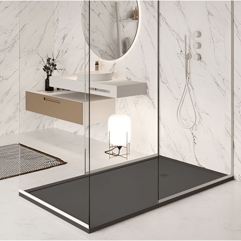 Mineralguss-Duschwanne extra flach mit Rand SARIN ANTHRAZIT 80x90 cm Ablaufschutz in Chrom (1/4)