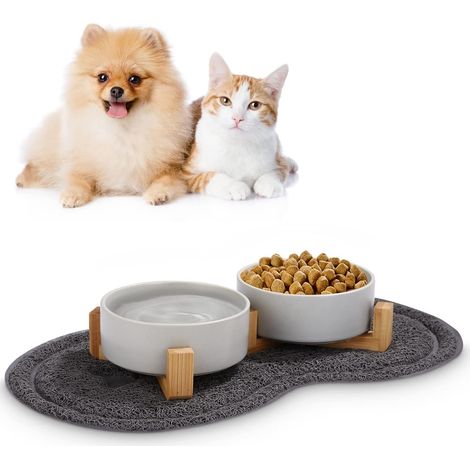 Gamelle Sureleve 2x400ML Ceramique Bol AVCE Support Tapis Antidérapant pour Chat Chien （Gris）