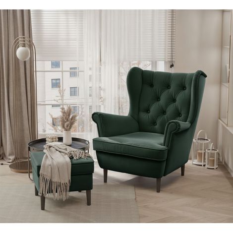 Sessel Ohrensessel NINON inkl. Hocker in Stoff Trinity Dunkelgrün