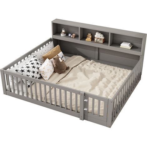 Lit banquette 140x200 cm avec rangements latéraux, lit enfant sécurisé à barrières, sommier à lattes et structure bois/MDF gris, convertible en couchage d'appoint CHICFURN (1/5)