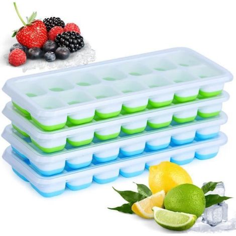 Lot de 4 Bacs à Glaçons Empilable avec Couvercle/Silicone Facile à Démouler/Passe au Lave-vaisselle/Idéal Cocktail Batch Cooking