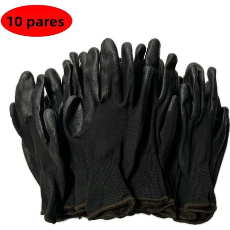 Gants de sécurité en polyuréthane (noirs, lot de 10 paires, taille S), enduits, pour charpentiers et ouvriers du bâtiment. (1/5)