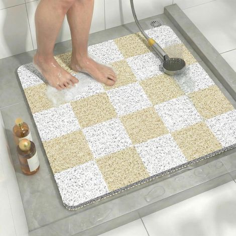 Tapis de Douche Antidérapant en PVC Loofah Carré 60x60 cm Tapis de Bain Antidérapant avec Drain Tapis Douche Anti Moisissure à Carreaux Beige et Blanc (1/5)