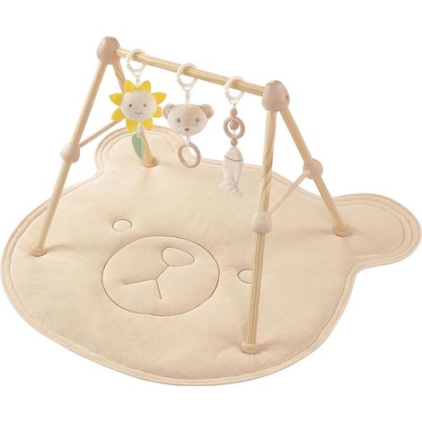 Tapis D'eveil Bebe Ours 4 en 1,avec arche de jeu en bois naturel, 3 Peluches Amovibles,Développement Visuel, Auditif,Tactile et Cognitif,pour 0-3-6-12-36 mois Bébé,Cadeau de Naissance Idéal (1/5)