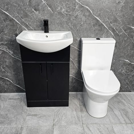 Black Vanity Unit with Black Handles 550mm Open Back Toilet Bathroom Suite, With Tap & Waste