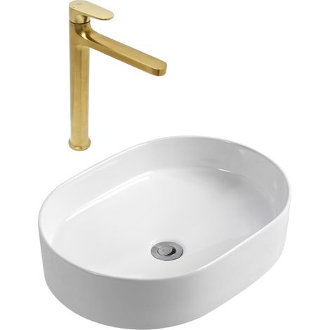 DARK mitigeur lavabo XL, or brossé + Ceramia PixL 50x36,5x12 cm vasque à poser, sans trop-plein, blanc (SAT285PBZCEPX5037)
