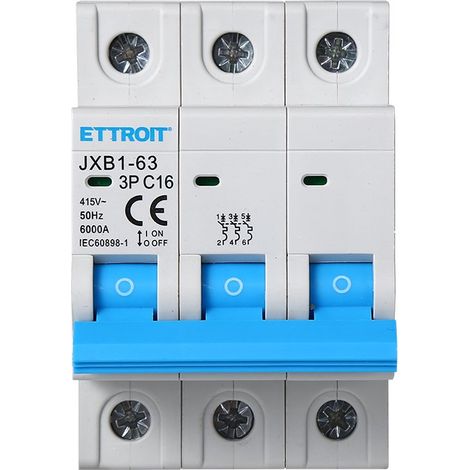Disjoncteur automatique 3P 16A 380V 6Ka 3 modules DIN Ettroit JX131660 (1/4)