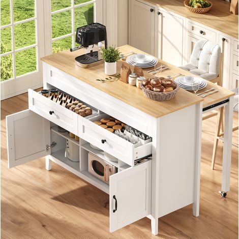Isola da cucina 120x40-76x92 cm in MDF bianco e naturale, tavolo estensibile - MEUBLIV (1/5)