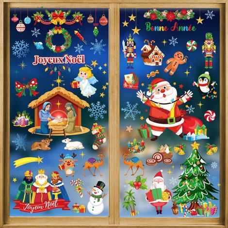 Français Joyeux Noël Fenêtre Autocollants Décorations, 9 Feuilles Crèches de Noël Stickers Vitre Décorations Noel Personnage Autocollants Fenêtre Porte Nouvel an (1/5)