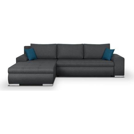 Les Tendances – Canapé d'angle convertible réversible 5 places – Coffre de rangement – Tissu 100% polyester gris foncé – L 289 x P 94/188 x H 88 cm (1/10)