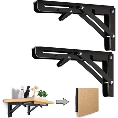 2PCS 10 Inch Noir Équerre Pliante 250mm Support d' Étagères Pliants Mural en Acier Laminé à Froid Equerre pour Etagere Murale, Métal Étagères Pliable Support en Forme de L Charge Maximale 80kg (1/5)